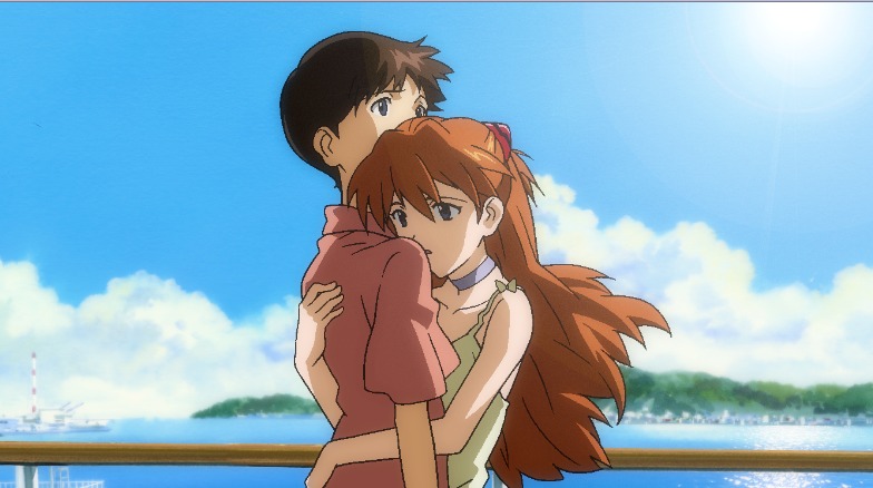 ikari shinji, souryuu asuka langley, neon genesis evangelion, 1boy, 1girl, blue eyes, brown hair, dress, hetero, hug, red hair, yellow dress