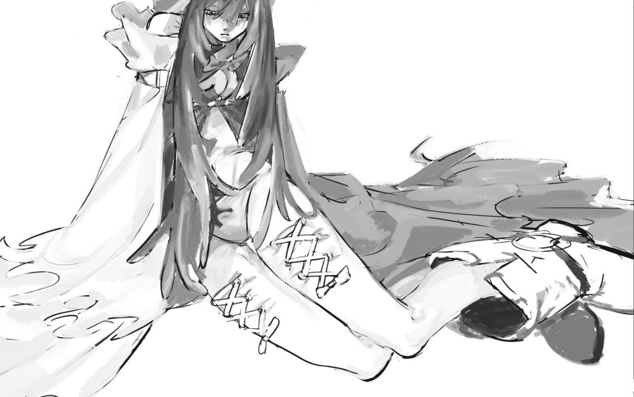 amo empool, gachiakuta, 1girl, 666kirsh, bare shoulders, boots, bow, breasts, cleavage, closed mouth, corset piercing, detached sleeves, dress, frilled sleeves, frills, greyscale, long hair, looking down, monochrome, open door, panties, sleeves past fingers, sleeves past wrists, solo, underwear