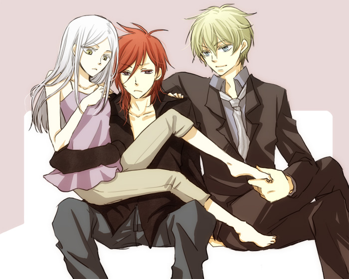 waka-kiyu, wakaki yu, graham aker, patrick colasour, soma peries, gundam, gundam 00, silver hair, bad id, bad pixiv id, 00s, 1girl, 2boys, blonde hair, blue eyes, feet, formal clothes, long hair, male focus, multiple boys, red hair, short hair, yellow eyes