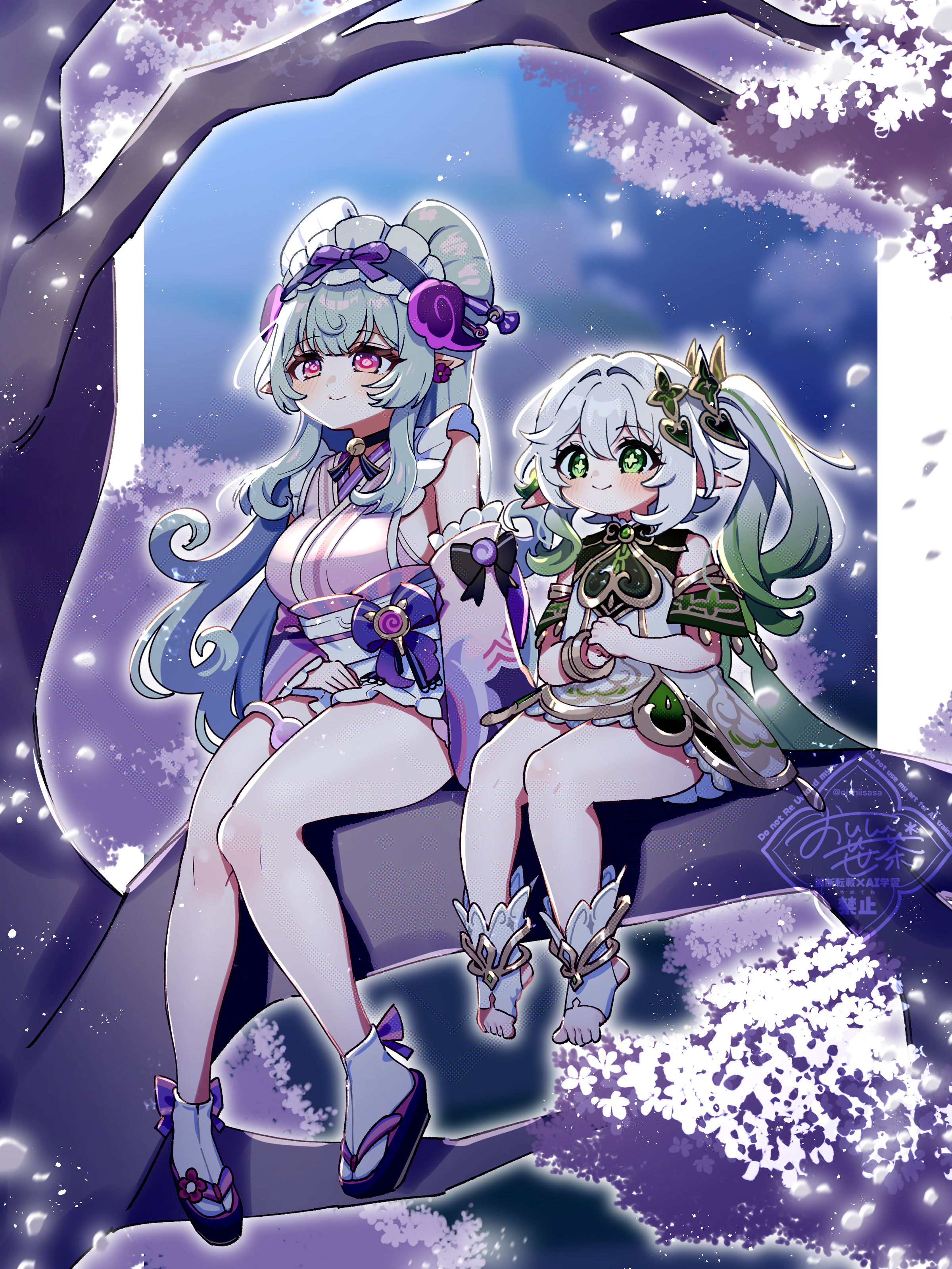 oishii sasa, nahida (genshin impact), yumemizuki mizuki, genshin impact, absurdres, commentary request, highres, paid reward available, 2girls, bare shoulders, black bow, blue hair, blush, bow, bracelet, breasts, cherry blossoms, closed mouth, cross-shaped pupils, detached sleeves, dress, full body, gem, gold trim, gradient hair, green eyes, green hair, green sleeves, hair between eyes, in tree, japanese clothes, jewelry, kimono, long hair, multicolored hair, multiple girls, night, nihongami, outdoors, own hands together, pink kimono, pink sleeves, purple eyes, purple gemstone, side ponytail, signature, sitting, sitting in tree, sitting on branch, sleeveless, sleeveless dress, sleeveless kimono, smile, socks, stirrup legwear, symbol-shaped pupils, tail around own leg, toeless legwear, toes, tree, very long hair, watermark, white dress, white hair, white socks