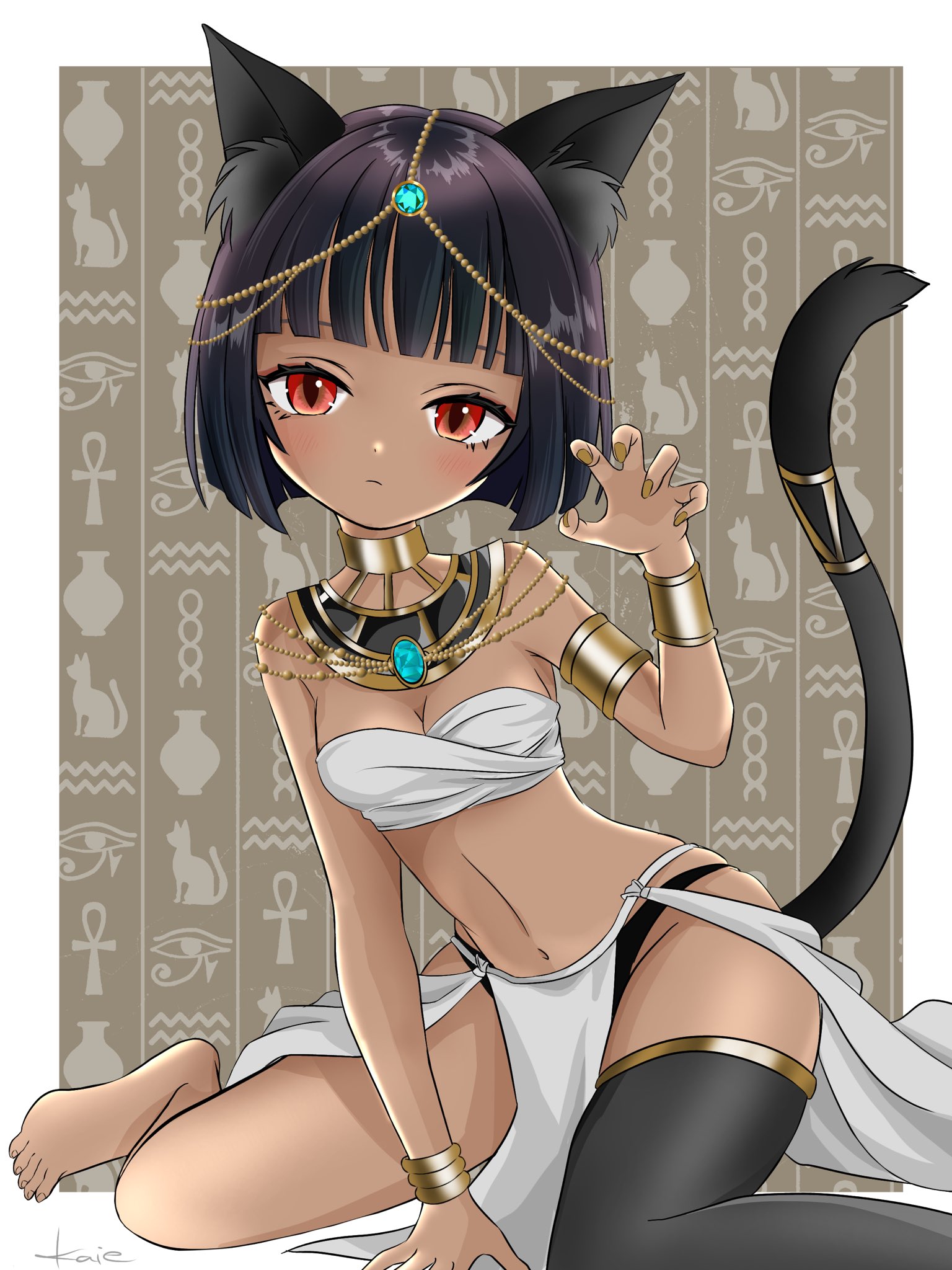 kaiexxx222, original, highres, 1girl, ancient egyptian, animal ear fluff, animal ears, bare arms, bare shoulders, barefoot, bikini, black hair, black thighhighs, blunt bangs, breasts, cat ears, cat girl, cat tail, cleavage, closed mouth, dark-skinned female, dark skin, full body, if you want to become a godly artist (trend), looking at viewer, midriff, navel, pelvic curtain, red eyes, short hair, single bare leg, single thighhigh, stomach, strapless, strapless bikini, swimsuit, tail, thighhighs