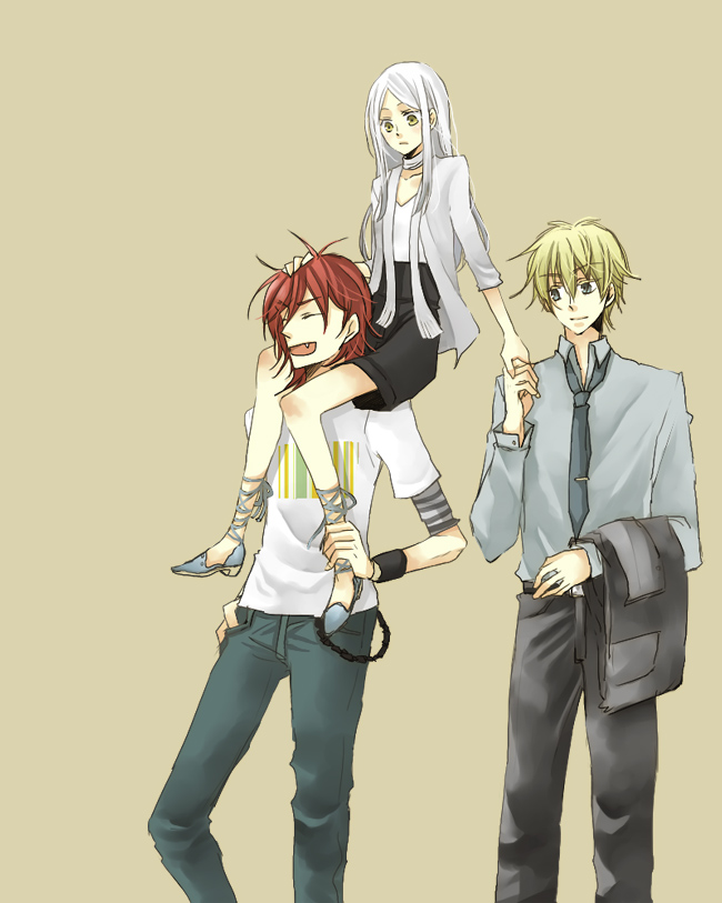 waka-kiyu, wakaki yu, graham aker, patrick colasour, soma peries, gundam, gundam 00, silver hair, bad id, bad pixiv id, 00s, 1girl, 2boys, blonde hair, blue eyes, closed eyes, formal clothes, long hair, male focus, multiple boys, red hair, short hair, yellow eyes