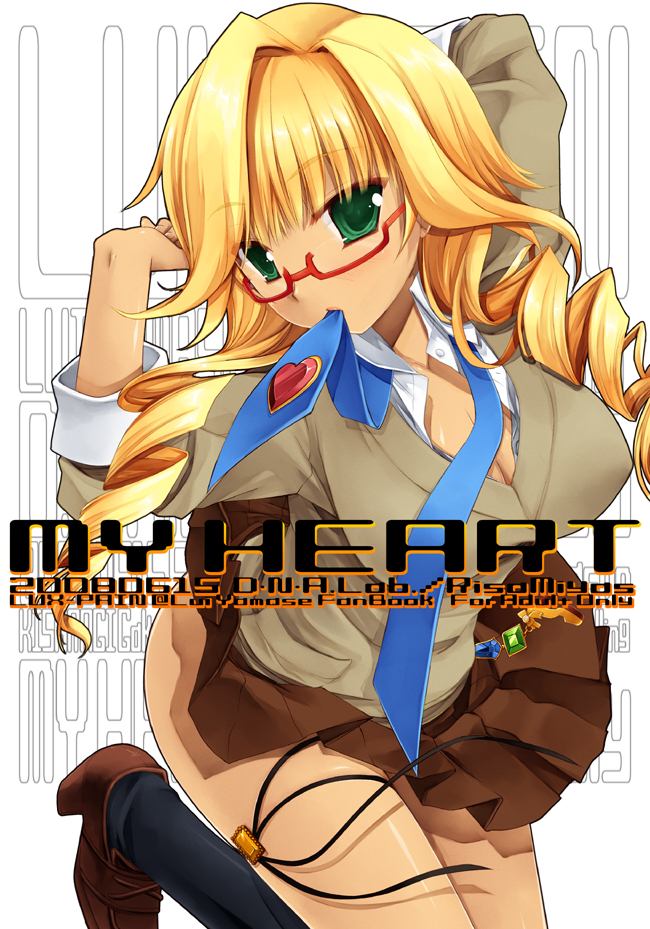 miyasu risa, yamase rui, lux-pain, blonde hair, blouse, breasts, cleavage, collared shirt, drill hair, glasses, green eyes, large breasts, necktie, school uniform, serafuku, shirt, solo, white shirt