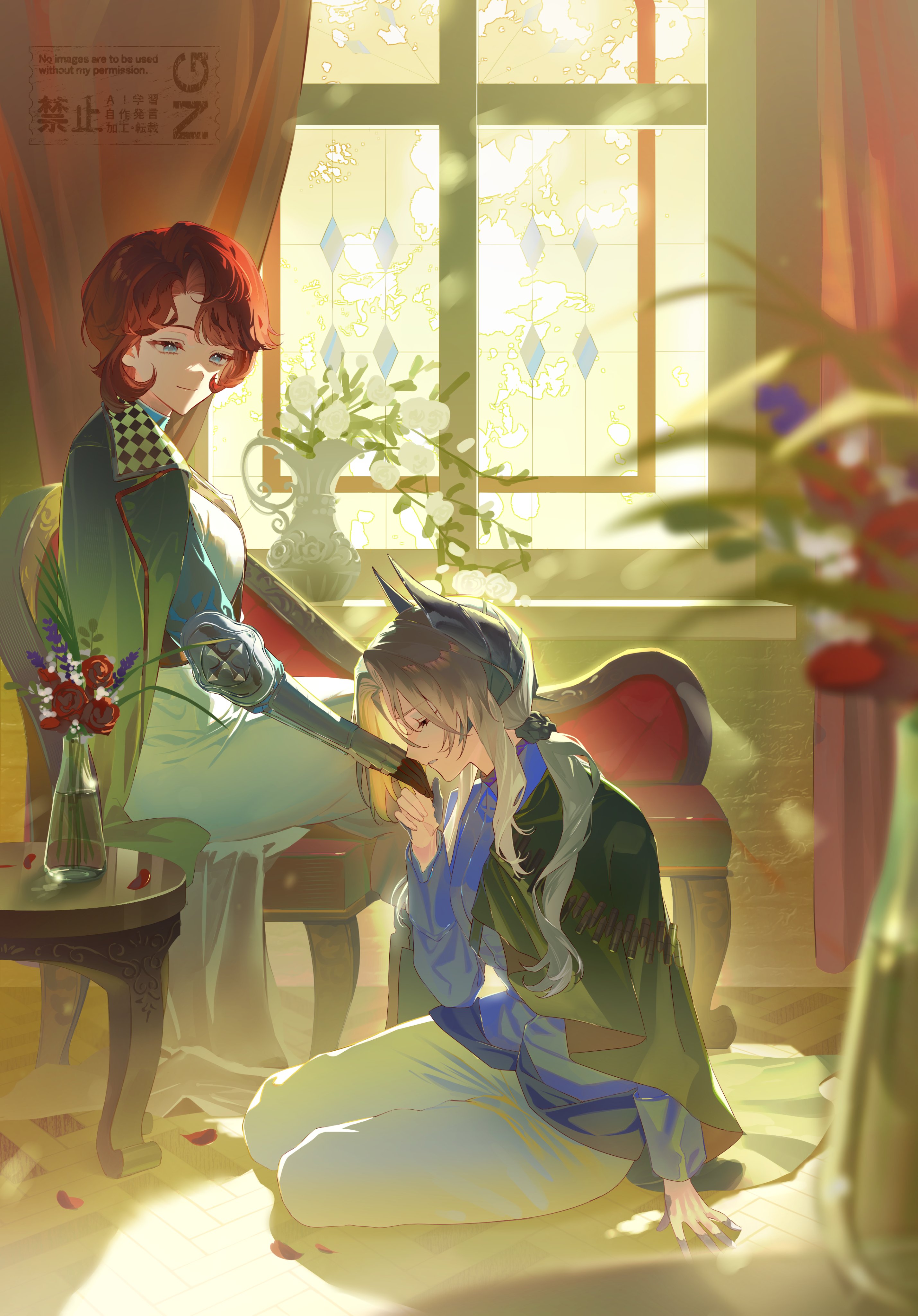 fern (bhbtr), reverse:1999, absurdres, highres, 2girls, apron, arm support, backlighting, black cape, blue dress, blue eyes, blue jacket, cape, chair, closed eyes, closed mouth, coat, coat on shoulders, curtains, day, dress, flower, from side, full body, gauntlets, green coat, grey hair, hair ornament, hand up, holding hands, indoors, jacket, kiss, kissing hand, long dress, long hair, looking at another, low ponytail, marsha (reverse:1999), military uniform, multiple girls, on chair, on ground, pants, ponytail, red flower, red hair, sentinel (reverse:1999), short hair, side cape, sitting, smile, sunlight, vase, watermark, white apron, white pants, window, yokozuwari, yuri