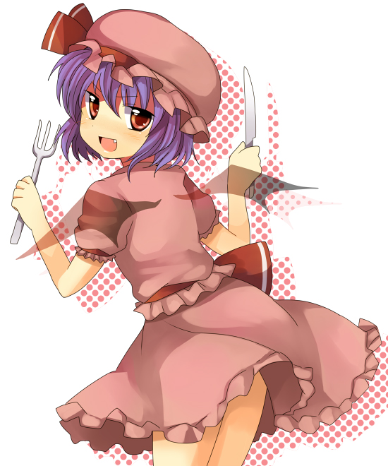 subaru (yachika), remilia scarlet, touhou, bad id, bad pixiv id, 1girl, fang, female focus, fork, knife, red eyes, solo