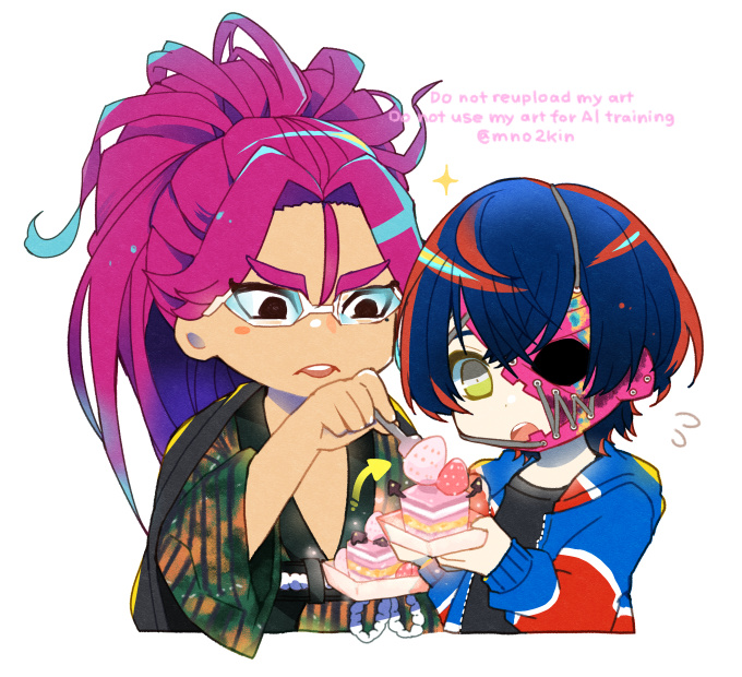 commentary, hashtag-only commentary, 1boy, 1girl, :o, arrow (symbol), black hair, black shirt, bowl, cake, chibi, chibi only, cropped torso, food, fork, fruit, glasses, hair between eyes, half mask, holding, holding bowl, holding fork, jacket, japanese clothes, kimono, layer cake, long hair, long sleeves, looking at food, mask, mno2kin, open clothes, open jacket, open mouth, pink hair, ponytail, rei shimobe, reverse trap, shirt, short hair, shuten order, simple background, strawberry, twitter username, watermark, white background, yellow eyes, yugen ushitora