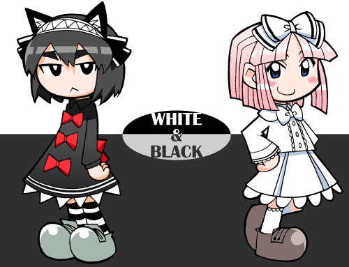 mukku (mook-tv), original, archived source, bad source, character request, commentary request, lowres, 2girls, :<, animal ear fluff, animal ears, black bow, black dress, black eyes, black hair, black sleeves, blue eyes, blunt bangs, blunt sidelocks, blush stickers, bow, brown shoes, cat ears, cat girl, closed mouth, collared dress, collared shirt, double-parted bangs, dress, dress bow, dress shoes, english text, full body, green shoes, hairband, horizontal-striped clothes, horizontal-striped thighhighs, jitome, kneehighs, lace, lace-trimmed dress, lace-trimmed skirt, lace-trimmed sleeves, lace-trimmed socks, lace trim, legs together, loafers, lolita fashion, long sleeves, looking at viewer, multiple girls, nekomi-chan, no nose, parted bangs, pink hair, pleated skirt, puritan collar, red bow, shirt, shoes, sidelocks, simple background, skirt, smile, socks, standing, striped clothes, striped thighhighs, thick eyebrows, thighhighs, two-tone background, white bow, white hairband, white shirt, white skirt, white sleeves, white socks, wing collar