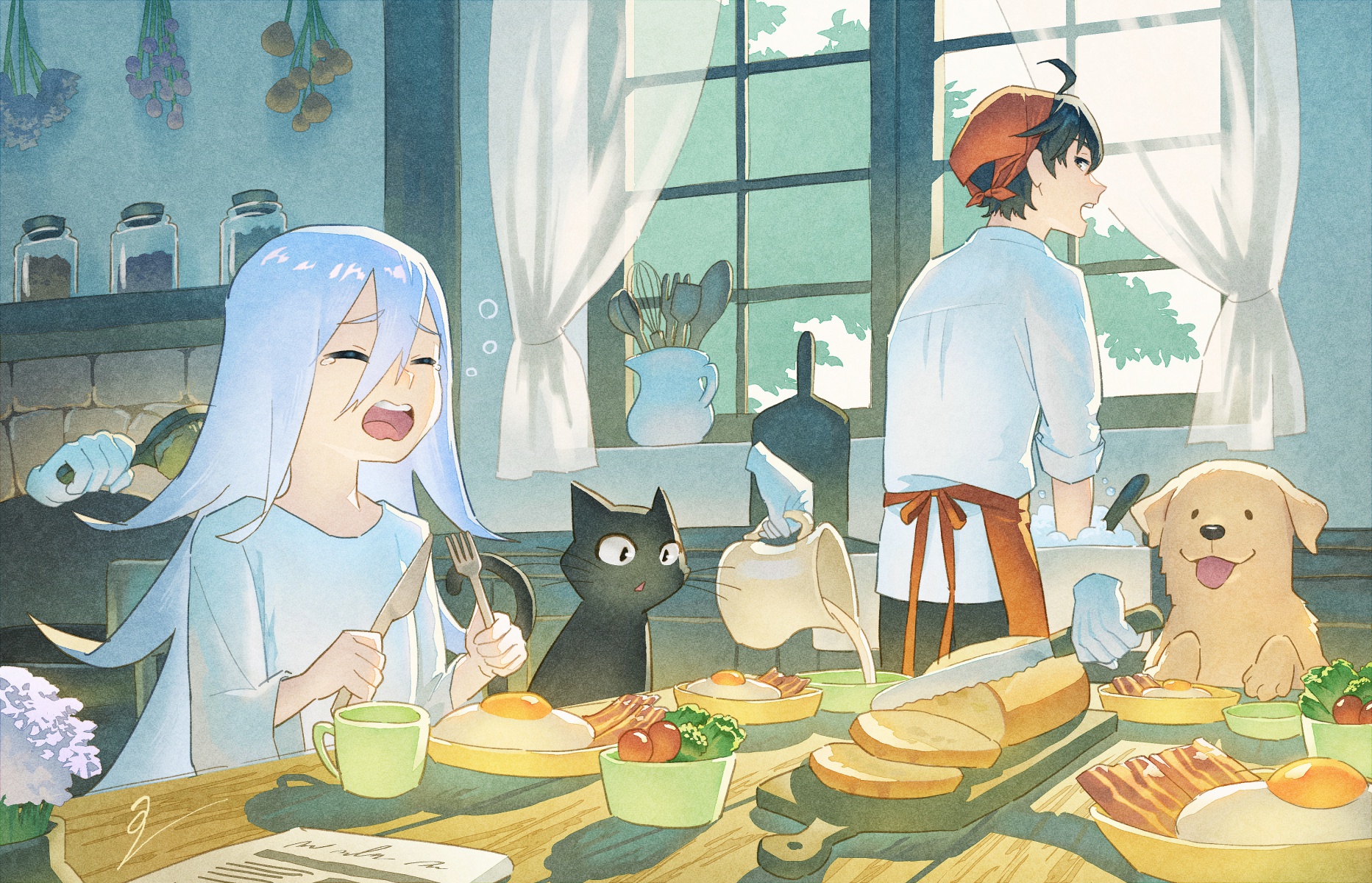 ito yoshi, original, commentary request, highres, 1boy, 1girl, ahoge, animal, apron, bacon, bandana, black cat, black hair, bowl, bread, bread slice, brushing another's hair, brushing hair, cat, cleaning, closed eyes, crying, curtains, cutting board, day, disembodied hand, dog, double-parted bangs, food, fork, fried egg, glass jar, gloves, hair between eyes, holding, holding brush, holding fork, holding knife, indoors, kitchen, knife, loaf of bread, long bangs, long hair, long sleeves, looking at another, looking back, open mouth, pet, pitcher (container), plate, pouring, red apron, red bandana, shirt, short hair, signature, sink, sitting, slice of life, slicing, soap bubbles, spoon, standing, table, vegetable, very short hair, waist apron, whisk, white gloves, white hair, white shirt, window, wooden spoon, wooden table