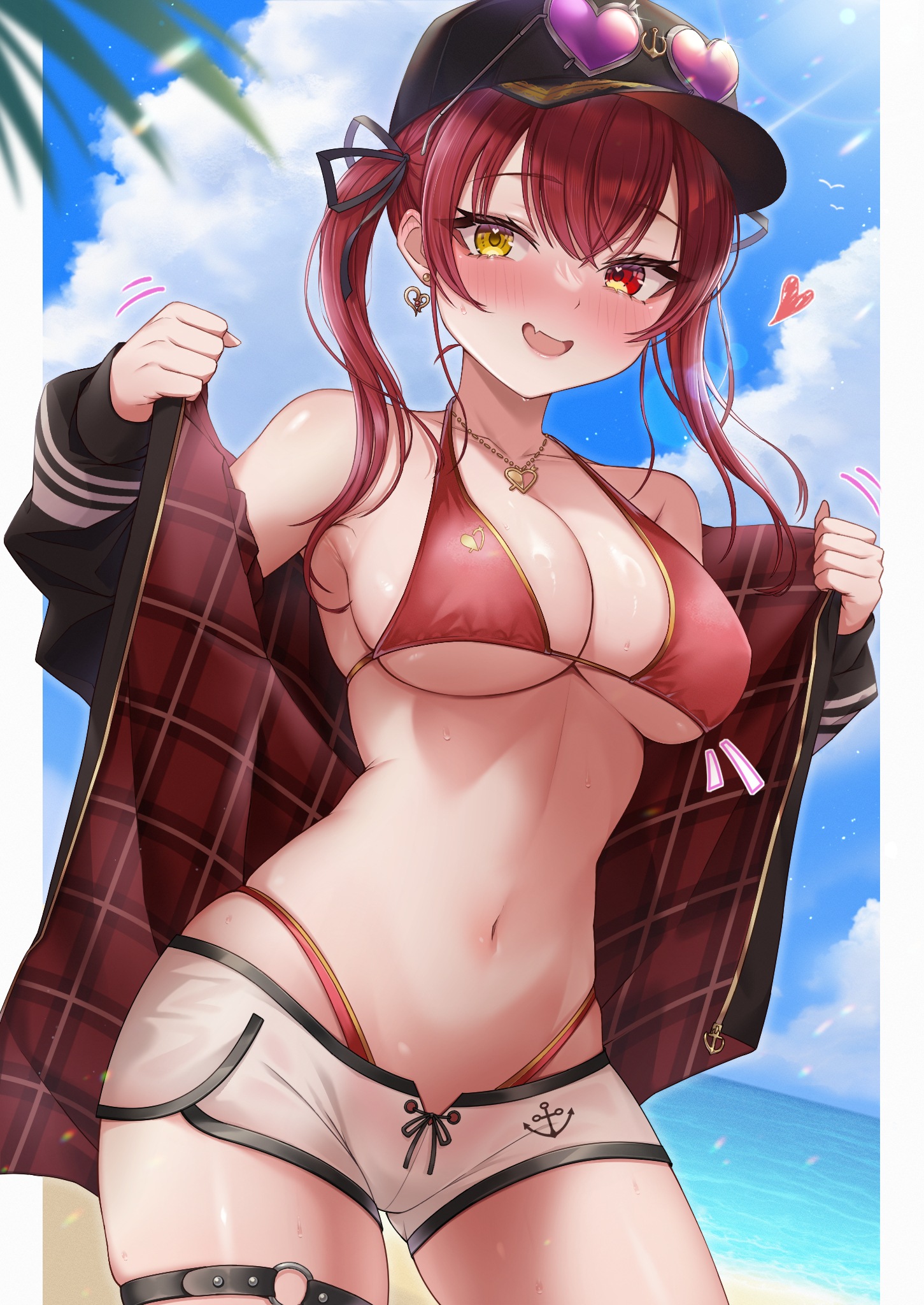 ryouya nagi, houshou marine, houshou marine (summer), hololive, highres, 1girl, baseball cap, bikini, bikini under clothes, bikini under shorts, black hat, black jacket, blue sky, blush, breasts, cloud, day, dolphin shorts, earrings, hair ribbon, halterneck, hat, heart, heart-shaped eyewear, heart earrings, heterochromia, jacket, jacket over swimsuit, jewelry, large breasts, linea alba, looking at viewer, medium hair, navel, necklace, o-ring, o-ring thigh strap, official alternate costume, outdoors, purple-tinted eyewear, red bikini, red eyes, red hair, ribbon, short shorts, shorts, sky, solo, stomach, sunglasses, swimsuit, thigh strap, tinted eyewear, twintails, virtual youtuber, white shorts, yellow eyes
