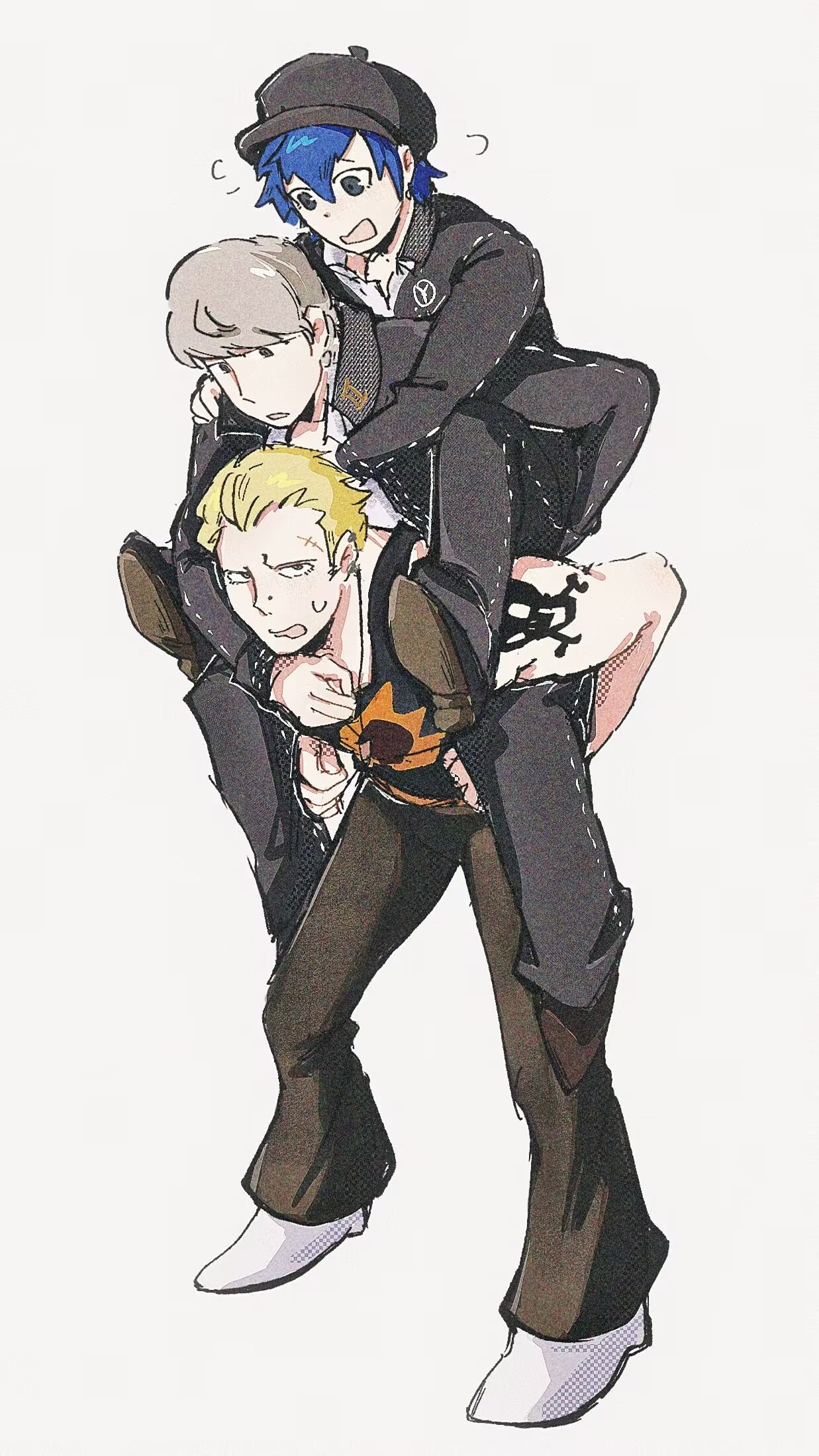 narukami yu, shirogane naoto, tatsumi kanji, persona, persona 4, hashtag-only commentary, highres, 1girl, 2boys, black hat, black jacket, black pants, blonde hair, blue hair, carrying, carrying person, collared shirt, crossdressing, crossdressing (ftm), full body, grey hair, hat, jacket, looking at another, multiple boys, open mouth, pants, piggyback, resaki ol, scar, scar on face, school uniform, shirt, shoes, short hair, simple background, skull and crossbones, skull and crossbones tattoo, standing, tattoo, white background, white shirt, yasogami school uniform