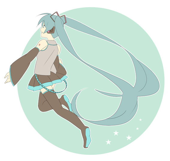 hayato (meromoni), hatsune miku, vocaloid, 1girl, aqua eyes, aqua hair, detached sleeves, female focus, long hair, solo, thighhighs, twintails, very long hair