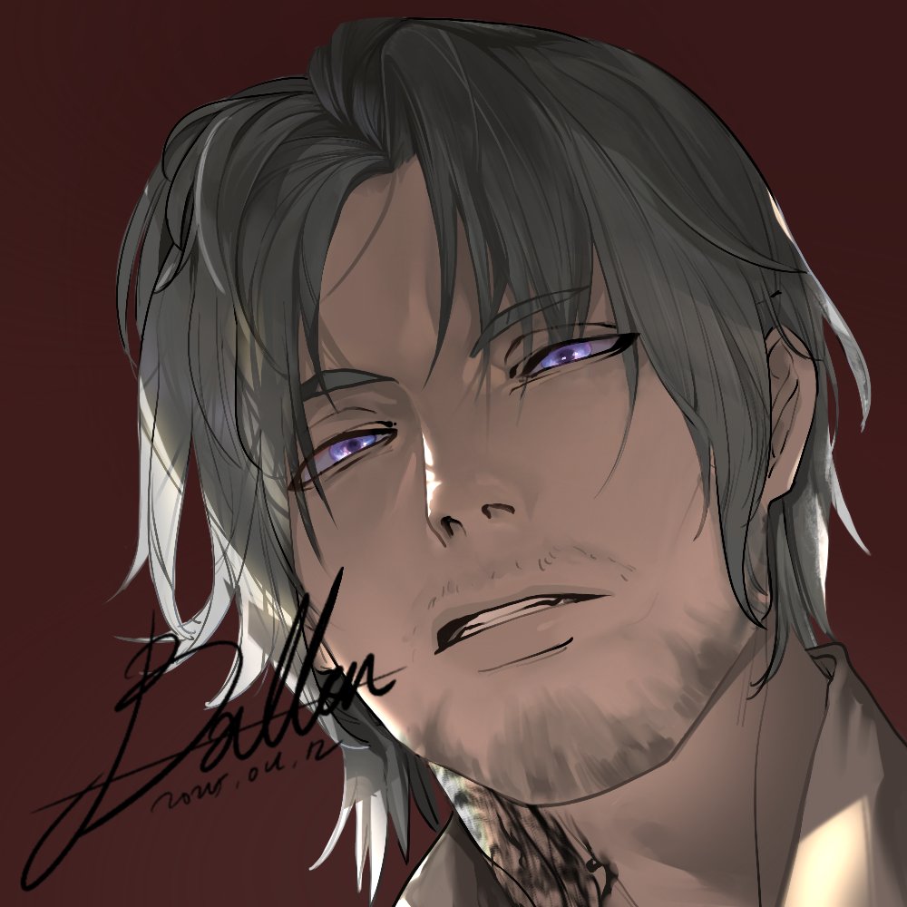 bellpeu15, original, commentary request, korean commentary, 1boy, blue eyes, brown background, clenched teeth, dated, facial hair, goatee, grey hair, male focus, neck tattoo, portrait, signature, solo, tattoo, teeth