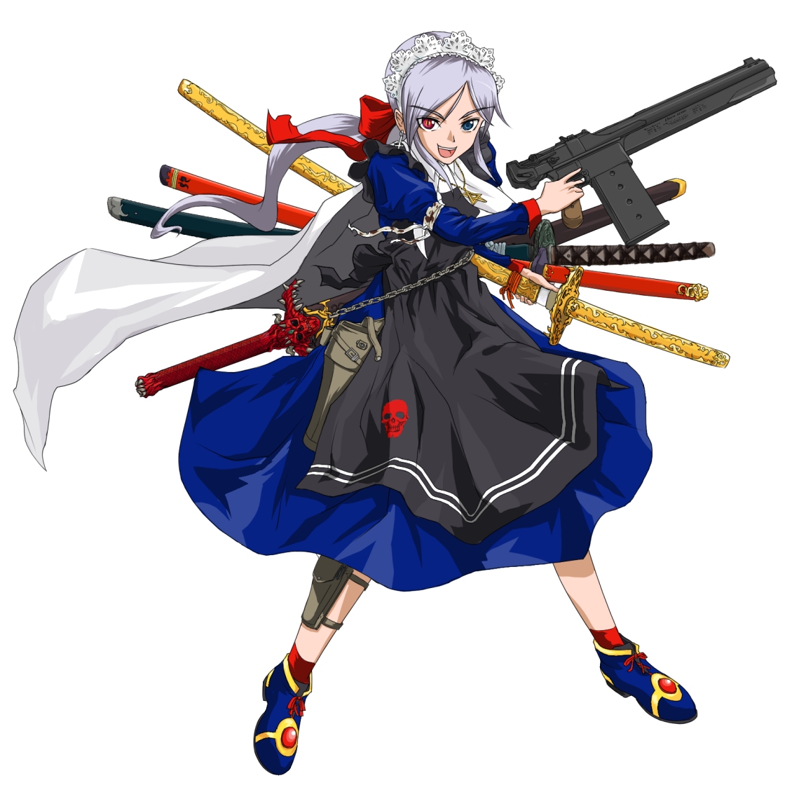 itai, futaba channel, nijiura maids, silver hair, 1girl, combat maid, cross, earrings, female focus, gun, handgun, heterochromia, inverted cross, jewelry, katana, latin cross, maid, mauser c96, necklace, pentagram, pistol, solo, sword, weapon