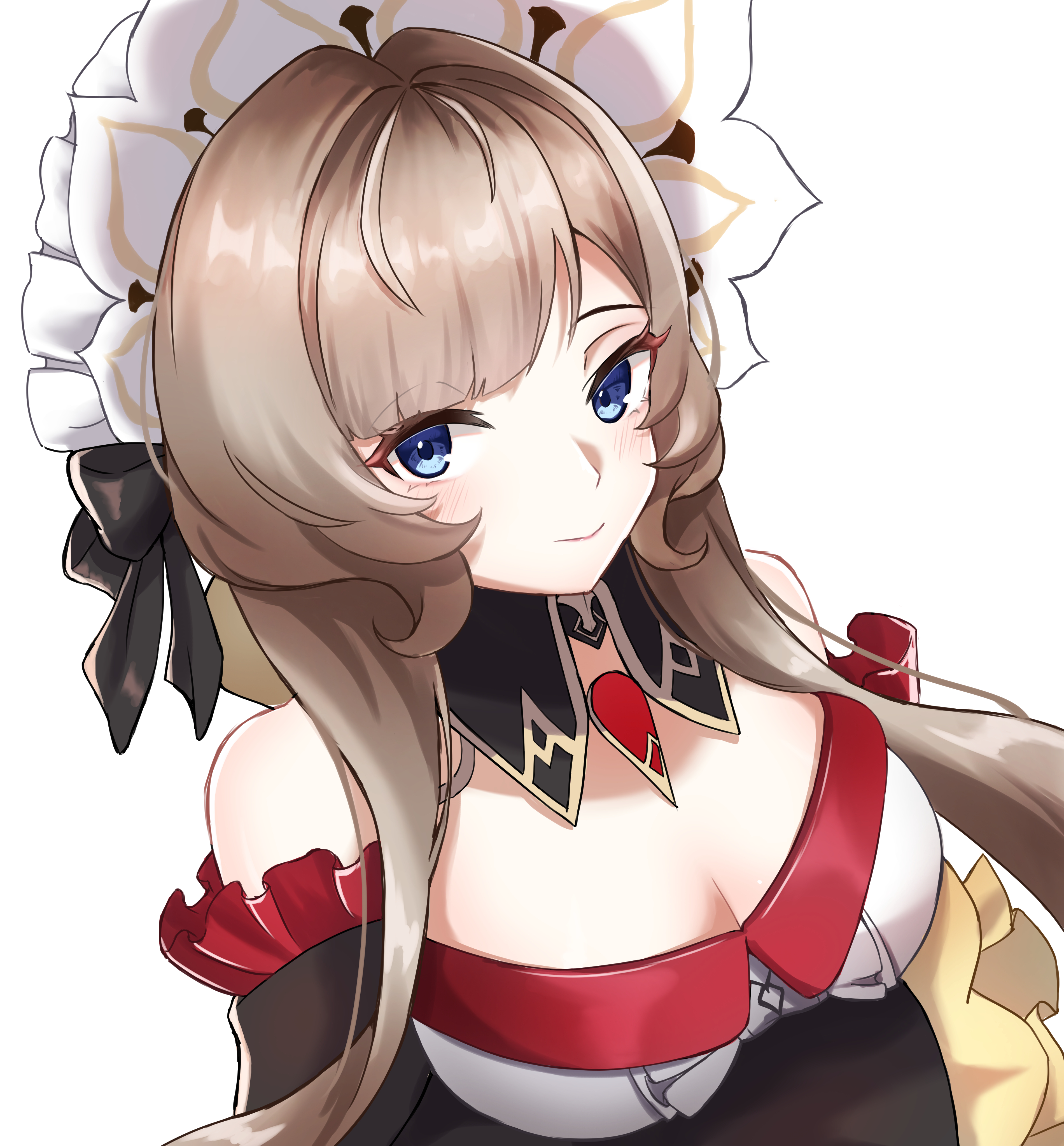mako (cvyt5325), sandrone (genshin impact), genshin impact, absurdres, highres, 1girl, arms under breasts, blue eyes, blush, breasts, brown hair, cleavage, closed mouth, detached collar, dress, frilled hairband, frills, hairband, large breasts, long sleeves, looking at viewer, simple background, smile, strapless, strapless dress, white background