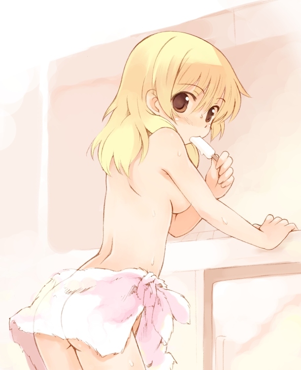 kurasuke, miyako (hidamari sketch), hidamari sketch, 00s, 1girl, ass, back, blonde hair, breasts, brown eyes, female focus, food, looking at viewer, looking back, popsicle, see-through clothes, small breasts, solo, topless female, towel, wet