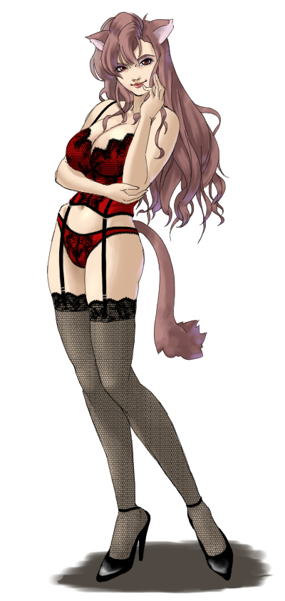 you2, original, breast hold, animal ears, breasts, brown eyes, brown hair, bustier, cat ears, cat tail, cleavage, garter belt, high heels, lace, large breasts, lingerie, long hair, panties, shoes, solo, tail, thighhighs, underwear