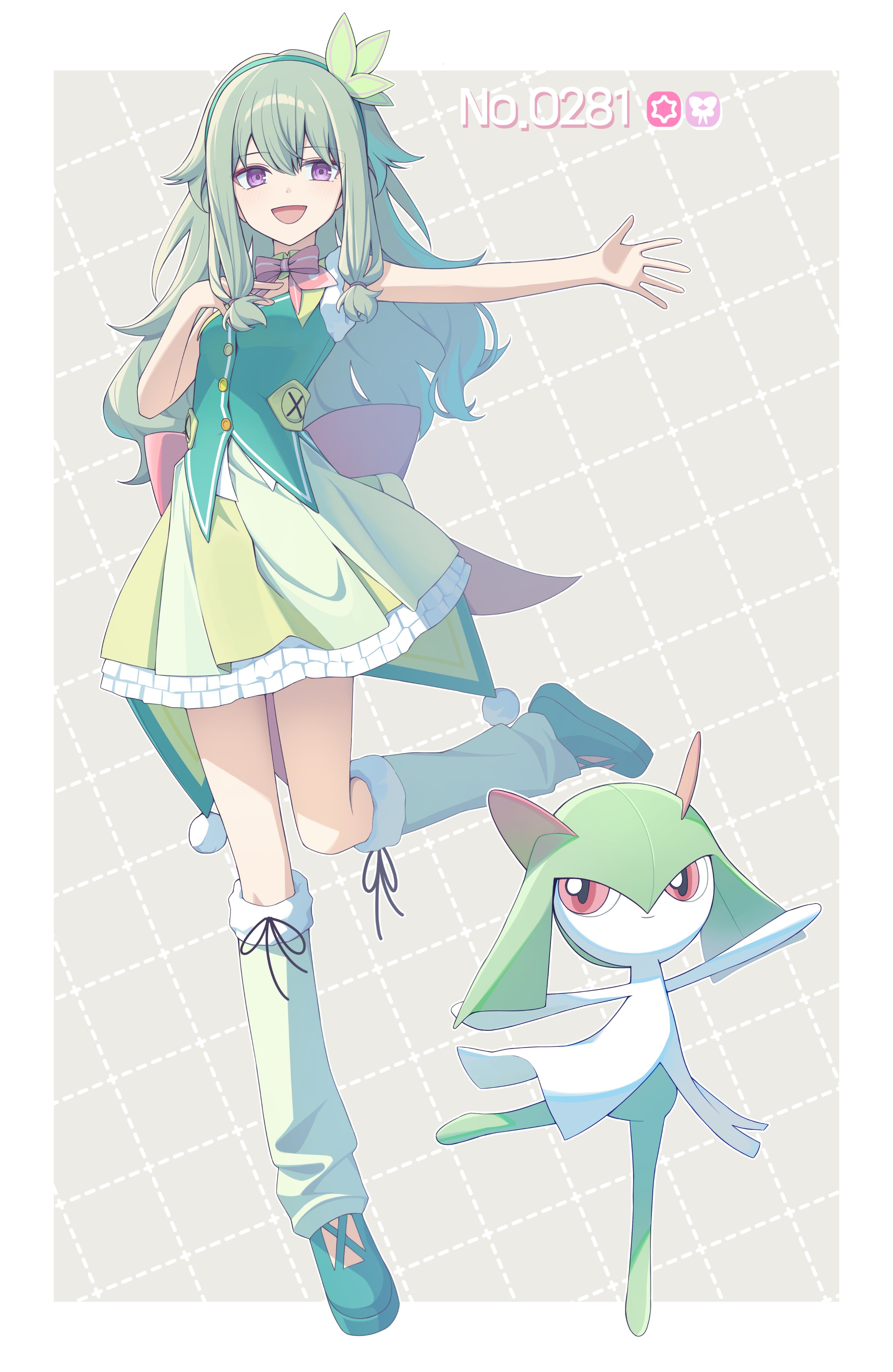 sora (men0105), kirlia, kusanagi nene, nintendo, pokemon, project sekai, absurdres, commentary request, highres, korean commentary, 1girl, :d, back bow, bare arms, border, bow, bowtie, breasts, colored skin, flower hairband, frilled skirt, frills, full body, fur-trimmed leg warmers, fur-trimmed vest, fur trim, gen 3 pokemon, green hair, green hairband, green leg warmers, green shoes, green skin, green skirt, grid background, hair between eyes, hair flaps, hairband, hand on own chest, hand up, horns, large bow, leg ribbon, leg up, leg warmers, long hair, low-tied sidelocks, multicolored skin, open mouth, outstretched arm, pink bow, pink bowtie, pink eyes, pokedex number, pokemon (creature), pom pom (clothes), purple eyes, red eyes, ribbon, shoes, sidelocks, skirt, sleeveless, sleeveless vest, small breasts, smile, standing, standing on one leg, striped bow, striped bowtie, striped clothes, two-tone skin, vest, white border, white skin
