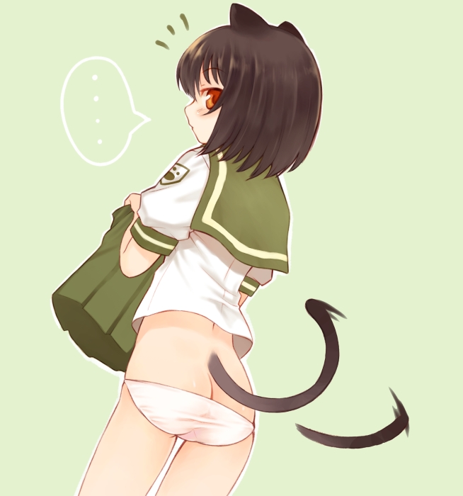 kurasuke, original, …, 1girl, ^^^, animal ears, ass, back, brown hair, cat ears, cat tail, female focus, from behind, holding, holding unworn clothes, holding unworn skirt, looking back, no pants, panties, red eyes, school uniform, serafuku, short hair, simple background, skirt, solo, standing, tail, tail wagging, underwear, unworn skirt, white panties