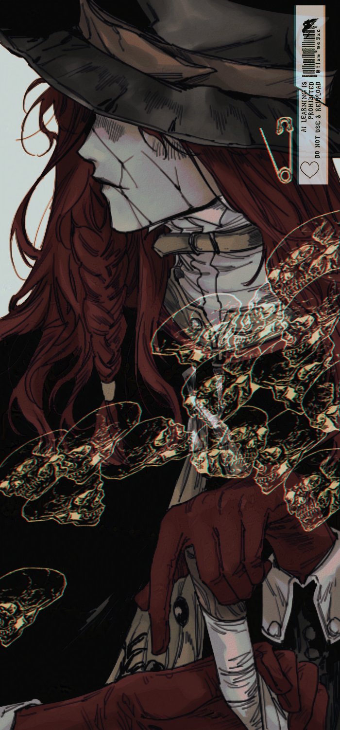 aleph (reverse:1999), merlin (reverse:1999), reverse:1999, highres, 1boy, black cape, cape, covered face, cracked mask, facing to the side, gloves, grey background, grey mask, gyujik qzc, holding, long hair, male focus, profile, red gloves, red hair, safety pin, skull, solo, turning head, upper body