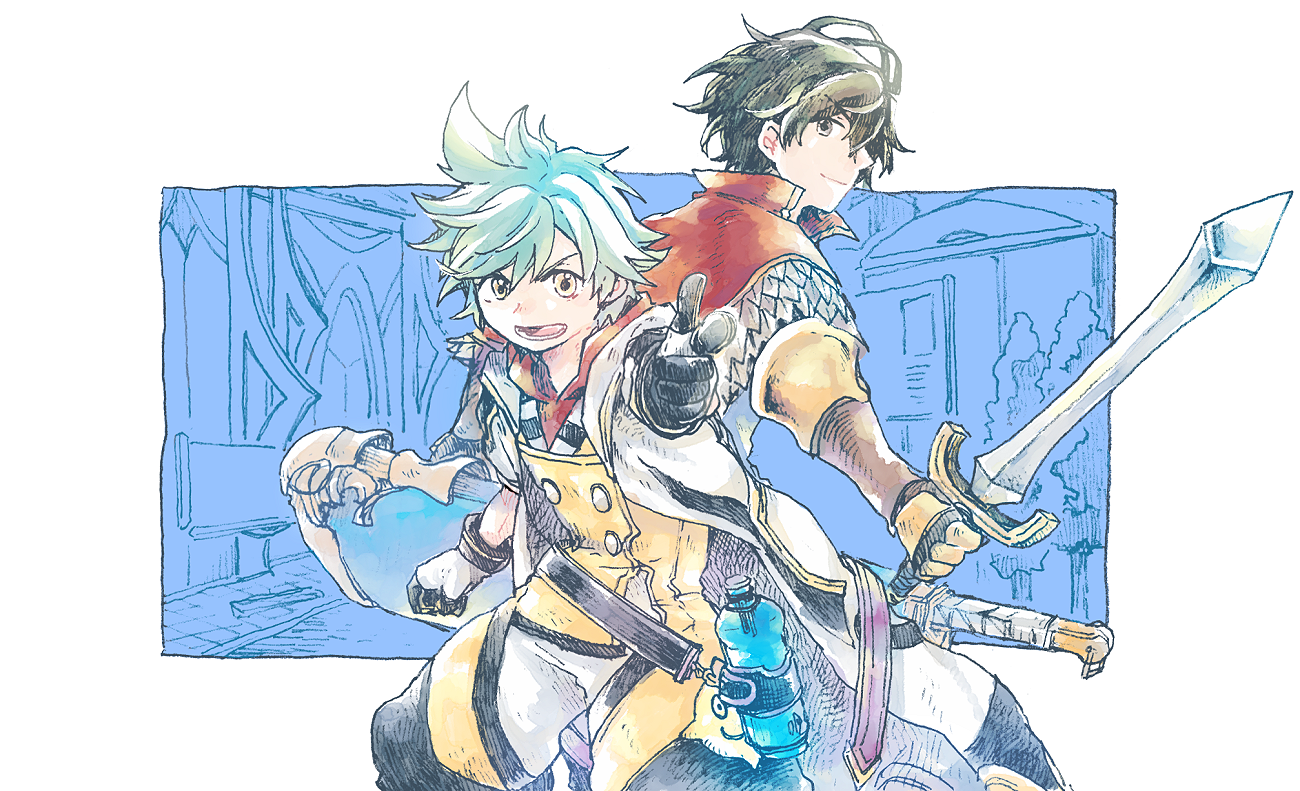 michibata 65, aldo (another eden), dewey (another eden), another eden, commentary request, 2boys, aqua hair, belt, black belt, black gloves, black hair, blue background, border, bottle, brown eyes, capelet, clenched hand, coat, cowboy shot, finger gun, foreshortening, gauntlets, gloves, hair between eyes, hatching (texture), holding, holding sword, holding weapon, linear hatching, looking at viewer, looking back, lower teeth only, male focus, multiple boys, open clothes, open coat, open mouth, outside border, overalls, parted bangs, pointing, pointing at viewer, popped collar, red capelet, scabbard, sheath, sheathed, short hair, short sleeves, sideways glance, spiked hair, standing, sword, teeth, turning head, two-tone gloves, water bottle, weapon, white border, white coat, white gloves, yellow eyes, yellow overalls
