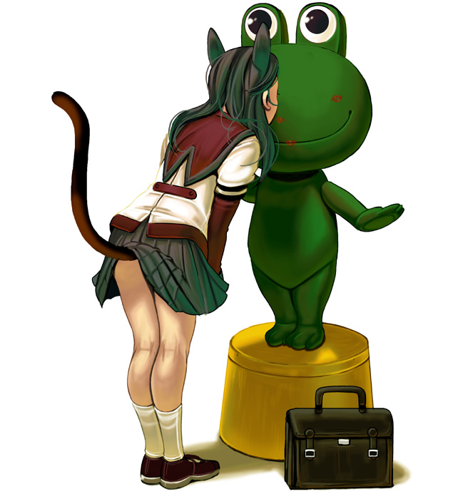 kouno (masao), original, animal ears, bag, cat ears, cat tail, frog, full body, kiss, legs, lifted by tail, school bag, school uniform, serafuku, socks, solo, standing, tail