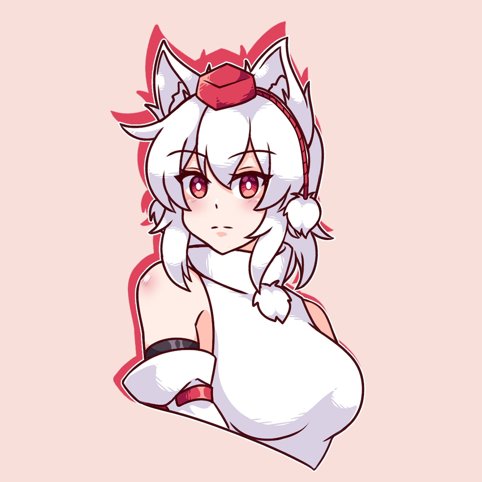 neferkitty, inubashiri momiji, mountain of faith, touhou, highres, 1girl, animal ears, bare shoulders, blush, breasts, detached sleeves, hat, looking at viewer, pom pom (clothes), red eyes, red hat, ribbon-trimmed sleeves, ribbon trim, short hair, solo, tokin hat, white hair, wolf ears, wolf girl