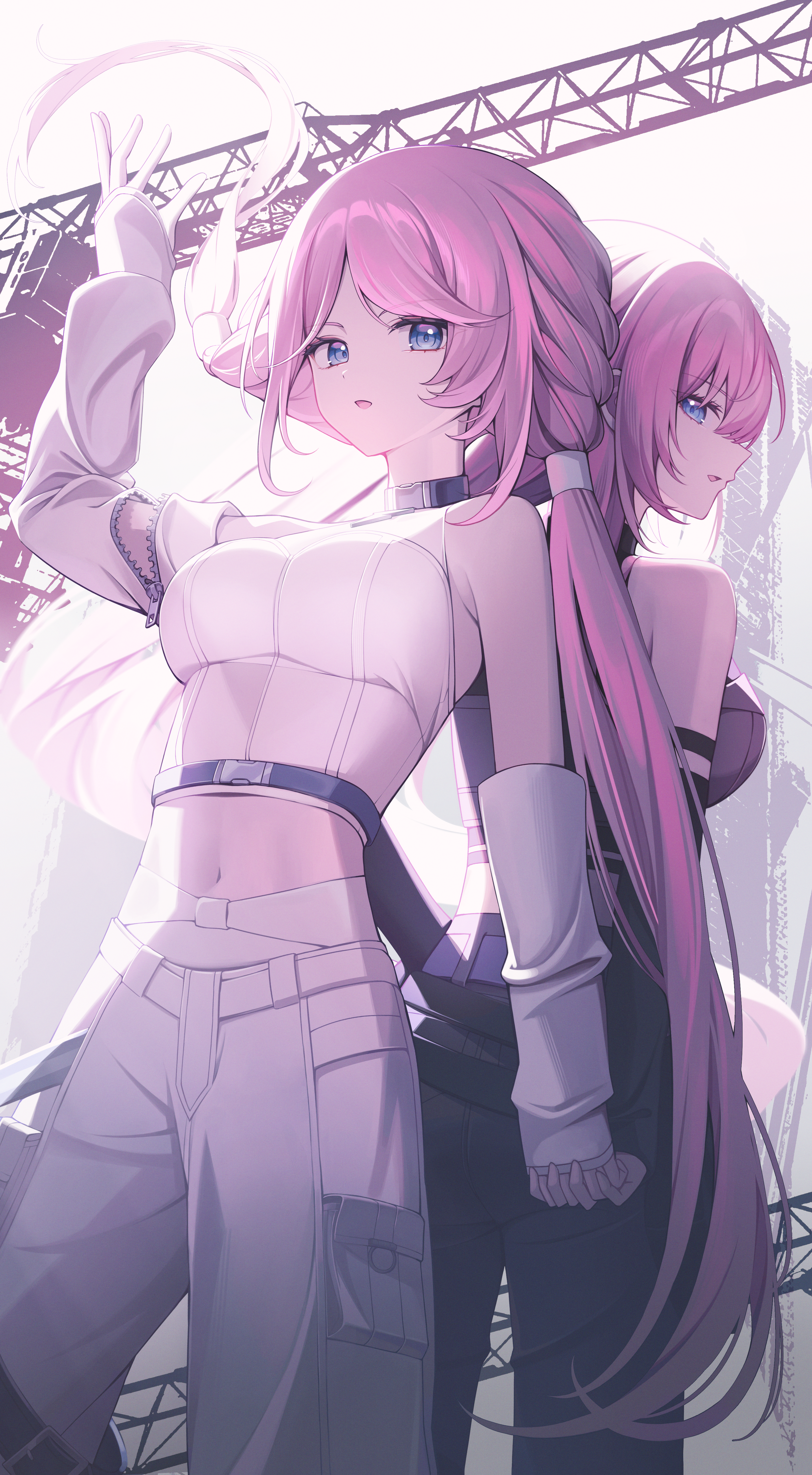 sora (men0105), megurine luka, more more jump! luka, vivid bad squad luka, project sekai, vocaloid, absurdres, commentary, highres, 2girls, asymmetrical sleeves, back-to-back, bare shoulders, belt, black pants, black shirt, black sleeves, braid, breasts, choker, competitive fire! (project sekai), cowboy shot, crane (machine), crop top, detached sleeves, dual persona, hair between eyes, hair flip, hand on own hip, hand up, holding hands, large breasts, long hair, looking at viewer, looking back, low twintails, midriff, multiple girls, navel, official alternate costume, official alternate hairstyle, open mouth, pants, parted bangs, pink hair, pouch, profile, purple eyes, rise and strive (project sekai), shirt, sidelocks, sleeveless, sleeveless shirt, standing, thigh pouch, twintails, unzipped, very long hair, white pants, white sleeves
