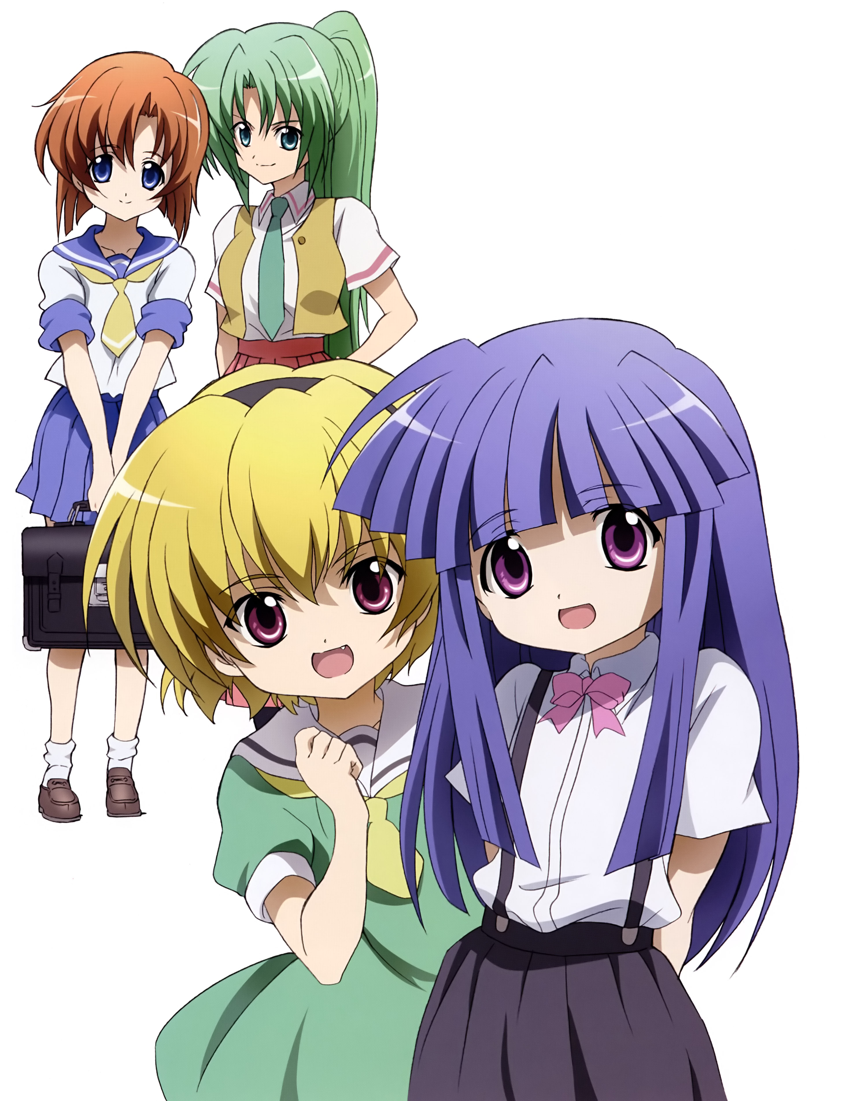 sakai kyuuta, furude rika, houjou satoko, ryuuguu rena, sonozaki mion, higurashi no naku koro ni, absurdres, highres, official art, scan, 00s, 4girls, blonde hair, blue eyes, blue hair, bow, brown hair, green eyes, green hair, green skirt, long hair, multiple girls, necktie, pink bow, purple eyes, school uniform, serafuku, short hair, skirt