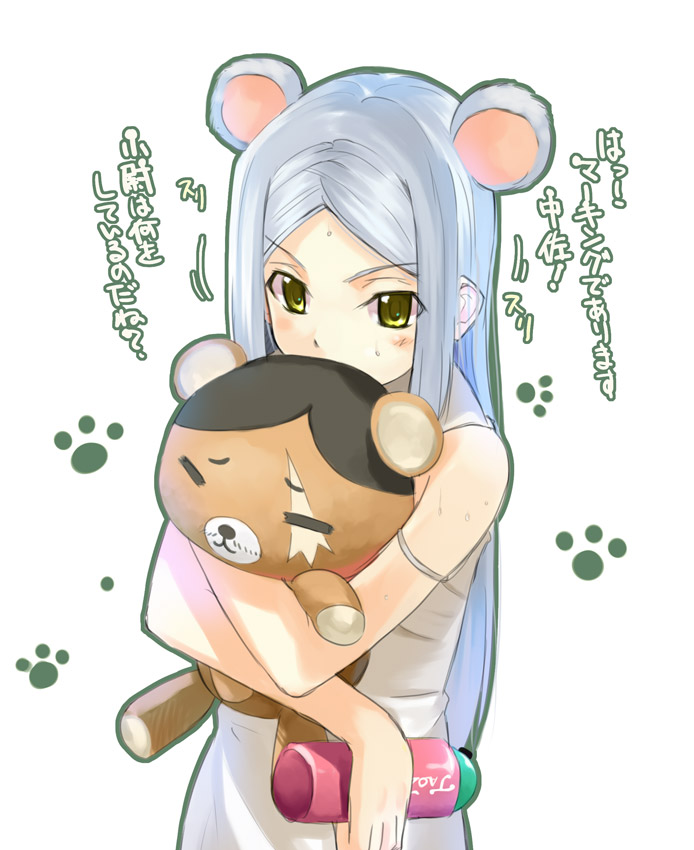 kabocha, kabocha (monkey4), sergei smirnov, soma peries, gundam, gundam 00, silver hair, translation request, 00s, 1girl, animal ears, bear ears, blush, doll, female focus, hug, hugging doll, hugging object, long hair, solo, stuffed animal, stuffed toy, teddy bear, yellow eyes