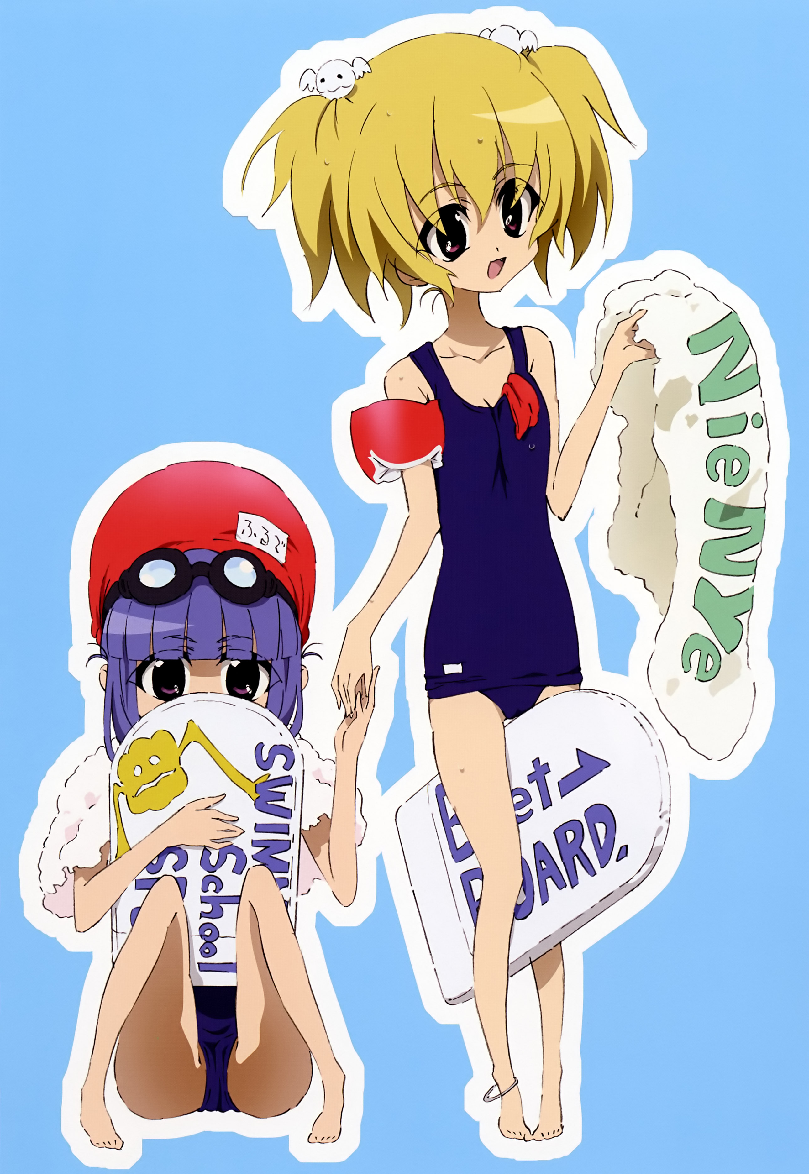 numata seiya, furude rika, houjou satoko, higurashi no naku koro ni, absurdres, highres, official art, scan, translated, 00s, 2girls, blonde hair, goggles, inflatable armbands, kickboard, multiple girls, one-piece swimsuit, school swimsuit, swim cap, swimsuit, towel