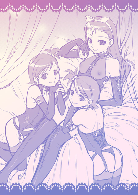redrop, futami ami, futami mami, minase iori, idolmaster, idolmaster (classic), idolmaster 1, 00s, 3girls, bdsm, breasts, collar, corset, covered erect nipples, elbow gloves, flat chest, gloves, hairband, leather, long hair, monochrome, multiple girls, nipples, panties, see-through clothes, short hair, siblings, side ponytail, sisters, thighhighs, thong, twins, underwear