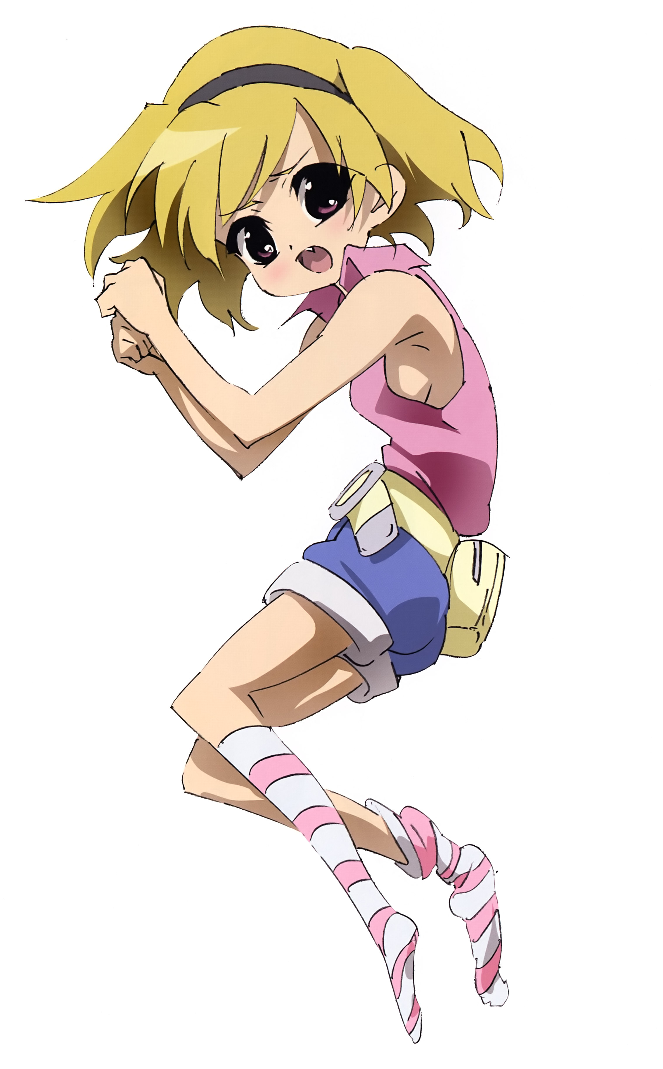 numata seiya, houjou satoko, higurashi no naku koro ni, absurdres, highres, scan, 00s, 1girl, blonde hair, child, female focus, kneehighs, socks, solo, striped clothes, striped socks