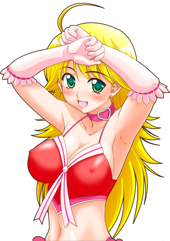 rikumoto yoshiyuki, hoshii miki, idolmaster, idolmaster (classic), idolmaster 1, 00s, ahoge, armpits, blonde hair, breasts, choker, cleavage, covered erect nipples, cute & girly (idolmaster), gloves, green eyes, large breasts, long hair, midriff, navel, open mouth, smile, solo