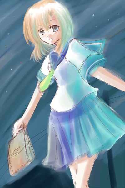 kawatsuki, ryuuguu rena, higurashi no naku koro ni, 00s, 1girl, bag, blonde hair, blue eyes, blue skirt, cowboy shot, female focus, handbag, holding, looking at viewer, outstretched arms, school uniform, serafuku, shirt, short hair, skirt, solo, white shirt