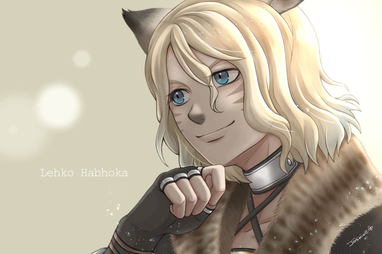 jasmine918, lehko habhoka, mithra (ff11), final fantasy, final fantasy xi, commentary request, 1boy, animal ears, aqua eyes, artist name, black gloves, cat boy, cat ears, character name, facial mark, fingerless gloves, fur trim, gloves, hair between eyes, looking ahead, male focus, medium hair, portrait, smile, solo, whisker markings