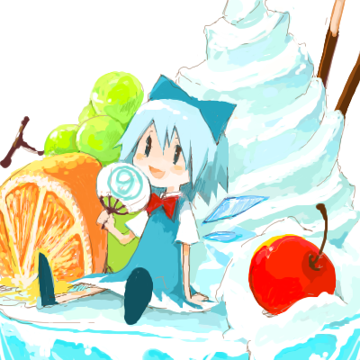 fujiyama, rin (artist), cirno, phantasmagoria of flower view, touhou, lowres, 1girl, bow, circled 9, female focus, hand fan, holding, holding fan, mini person, minigirl, solo