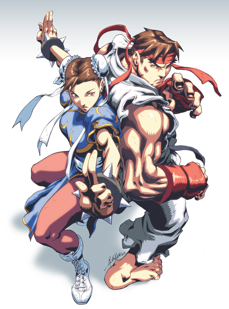 alvin lee, udon entertainment, chun-li, ryu (street fighter), capcom, street fighter, eyebrows, official art, 1boy, 1girl, angry, back-to-back, barefoot, boots, bracelet, brown hair, bun cover, china dress, chinese clothes, clenched hand, double bun, dougi, dress, earrings, feet, fingerless gloves, foreshortening, frills, frown, gloves, gradient background, hair bun, headband, japanese clothes, jewelry, looking at viewer, looking back, muscular, orange eyes, outstretched arms, pantyhose, pelvic curtain, pink pantyhose, profile, ribbon, sash, shadow, short hair, side slit, signature, simple background, sleeveless, spiked bracelet, spikes, spread arms, spread legs, standing, swept bangs, torn clothes, white background
