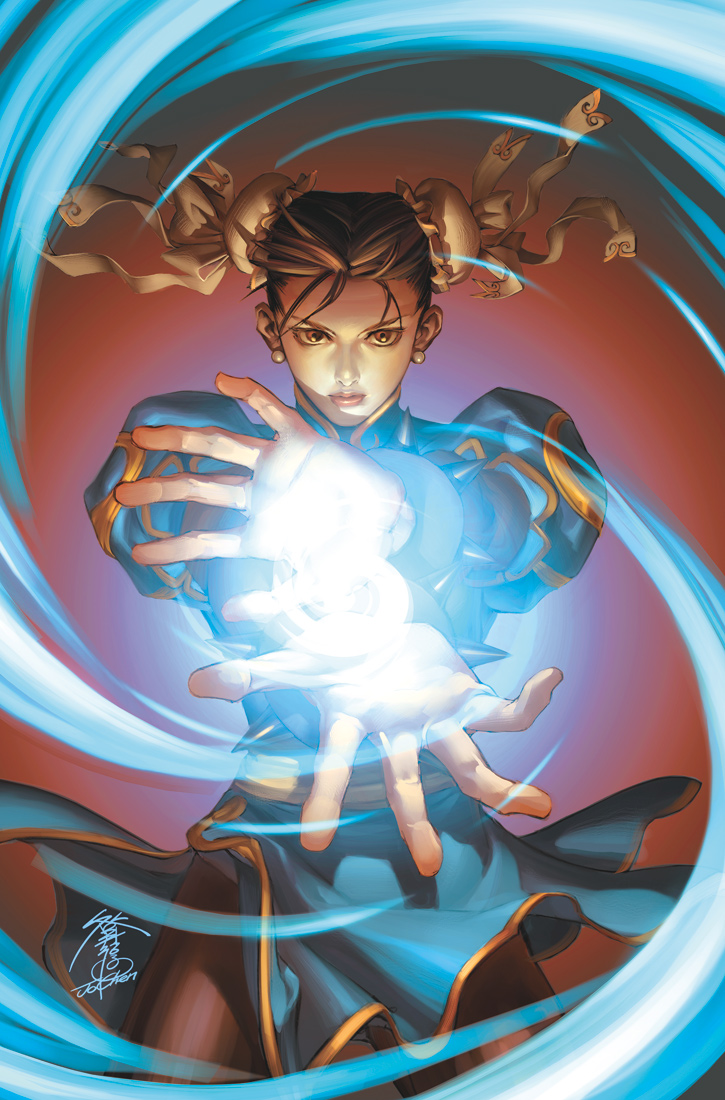 jo chen, chun-li, capcom, street fighter, 1girl, aura, bracelet, brown eyes, brown hair, bun cover, china dress, chinese clothes, double bun, dress, female focus, food, glowing, hair bun, jewelry, magic, noodles, pantyhose, pelvic curtain, solo, spiked bracelet, spikes, udon