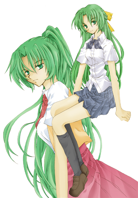 kawatsuki, sonozaki mion, sonozaki shion, higurashi no naku koro ni, 00s, 2girls, green eyes, green hair, half updo, kneehighs, long hair, multiple girls, siblings, sisters, skirt, socks, twins