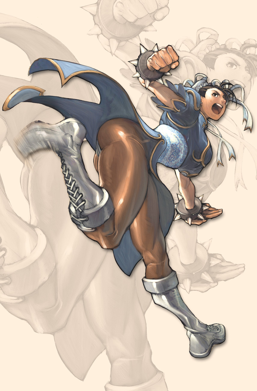 arnold tsang, udon entertainment, chun-li, capcom, street fighter, highres, 1girl, ass, boots, bracelet, bun cover, china dress, chinese clothes, double bun, dress, female focus, hair bun, jewelry, open mouth, pantyhose, pelvic curtain, solo, spiked bracelet, spikes, zoom layer