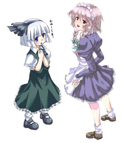 izayoi sakuya, konpaku youmu, touhou, lowres, 2girls, female focus, hands on own hips, maid, multiple girls, socks, white hair