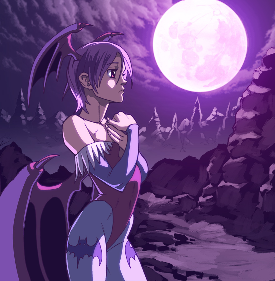 udon entertainment, lilith (darkstalkers), capcom, darkstalkers, purple legwear, bat wings, demon girl, head wings, moon, night, pantyhose, print pantyhose, purple hair, sky, udon, wings