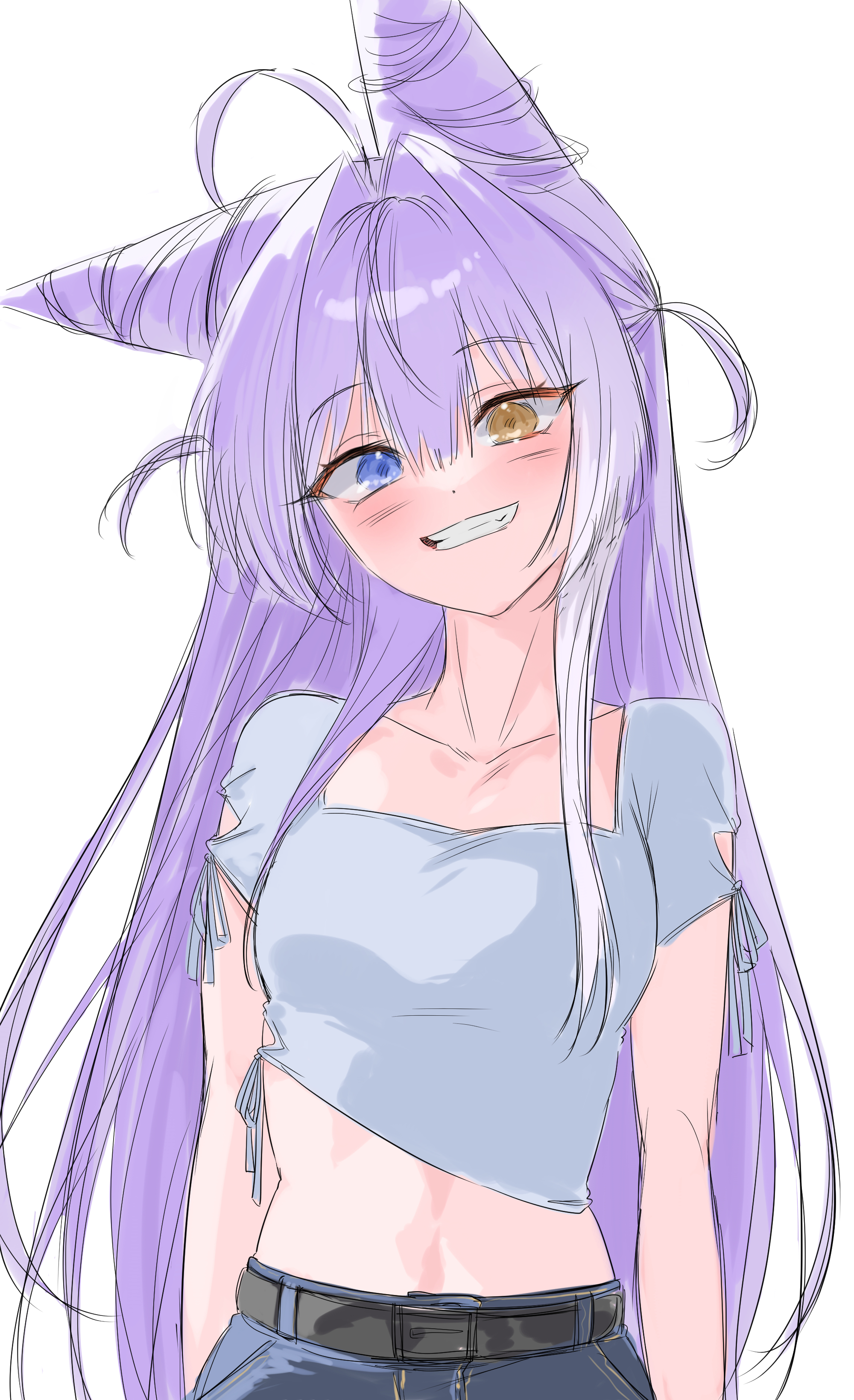 tenko shibuki, stellive, absurdres, highres, unfinished, 1girl, ahoge, arms at sides, belt, black belt, blue eyes, chacha (chacha0), collarbone, cone hair bun, crop top, cropped shirt, grey shirt, grin, hair between eyes, hair bun, heterochromia, long bangs, long hair, midriff, purple hair, shirt, short sleeves, simple background, sketch, smile, solo, square neckline, upper body, very long hair, virtual youtuber, white background, yellow eyes