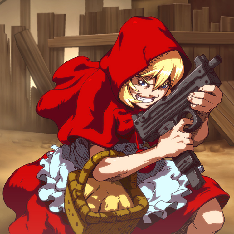 udon entertainment, b.b. hood, capcom, darkstalkers, basket, blonde hair, blue eyes, cloak, gun, hood, smile, submachine gun, udon, weapon