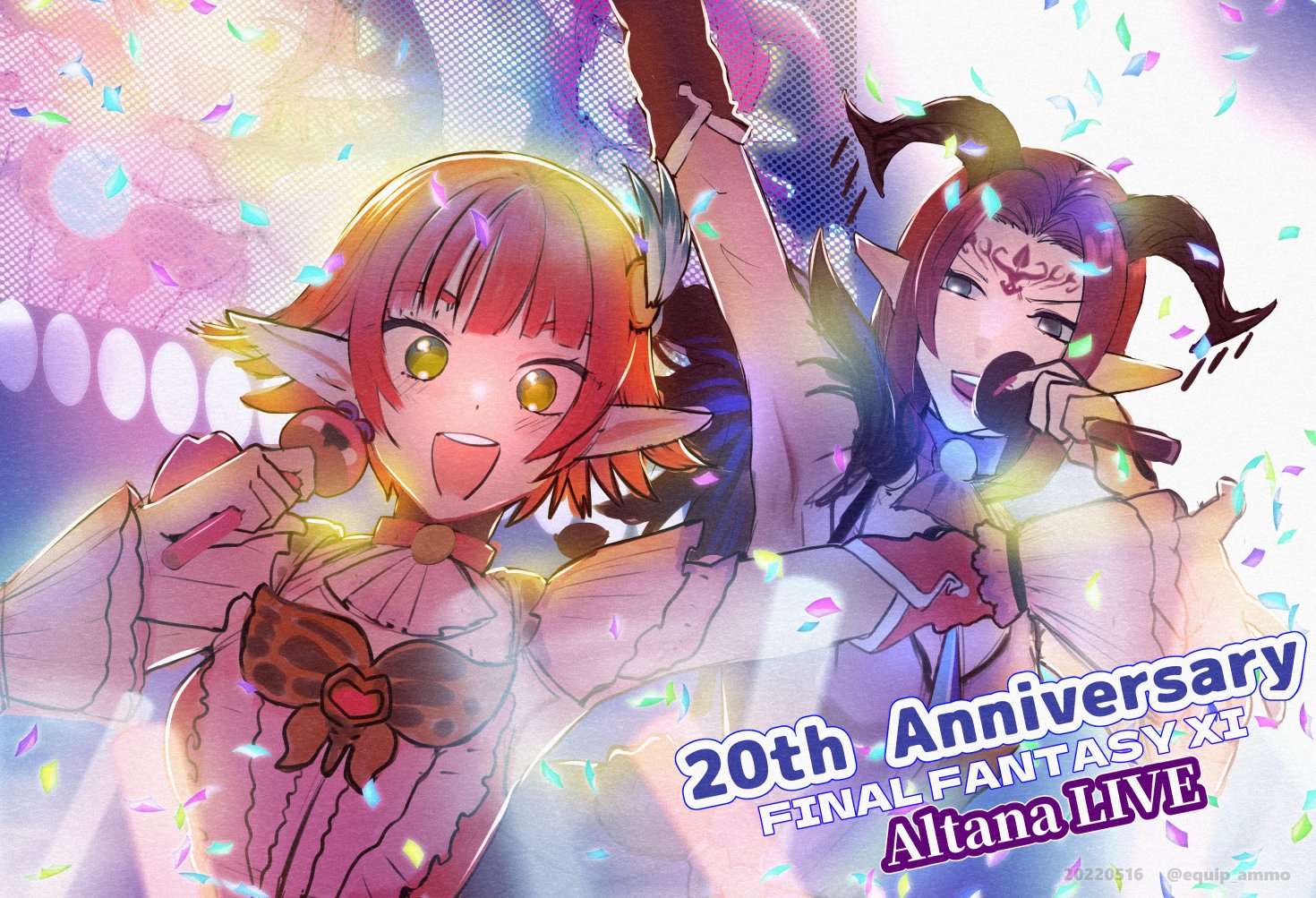 elvaan, lady lilith, lilisette, final fantasy, final fantasy xi, commentary request, 2girls, :d, anniversary, arm up, armpits, copyright name, dated, elf, equip ammo, green eyes, grey eyes, holding, holding microphone, horns, hume, idol, looking at viewer, microphone, multiple girls, open mouth, pointy ears, red hair, screen zoom, short hair, smile, twitter username, v-shaped eyebrows