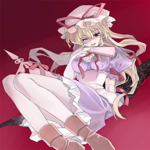 amakura, yakumo yukari, touhou, lowres, 1girl, blonde hair, breasts, female focus, folded fan, folding fan, gap (touhou), gloves, gradient background, hand fan, hat, long hair, pantyhose, ribbon, smile, solo