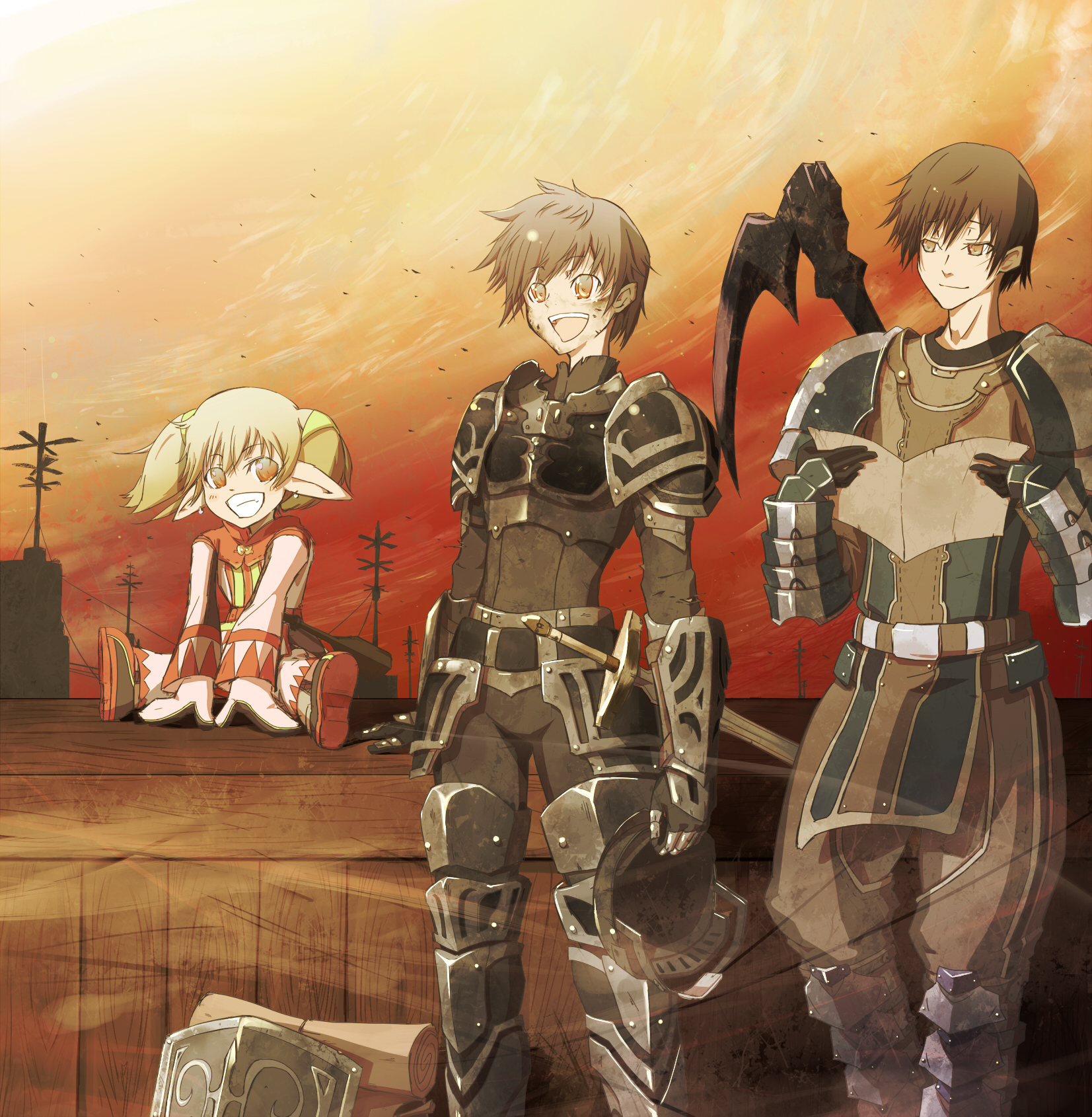 vane (vane0), dark knight (final fantasy), white mage (final fantasy), final fantasy, final fantasy xi, bad id, bad pixiv id, highres, 00s, 1girl, 2boys, armor, belt, blonde hair, brown hair, dark knight, helmet, mace, multiple boys, pointy ears, scythe, shield, sky, sword, tarutaru, twintails, warrior, weapon