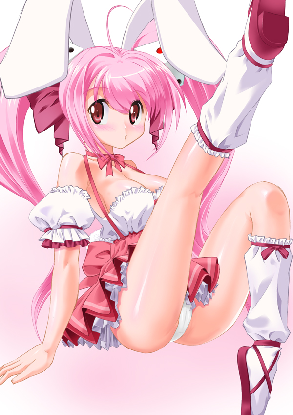 zouzou, usada hikaru, di gi charat, 1girl, animal ears, breasts, dice, female focus, leg up, legs, long hair, panties, pantyshot, pink hair, rabbit ears, ribbon, skirt, solo, twintails, underwear, upskirt