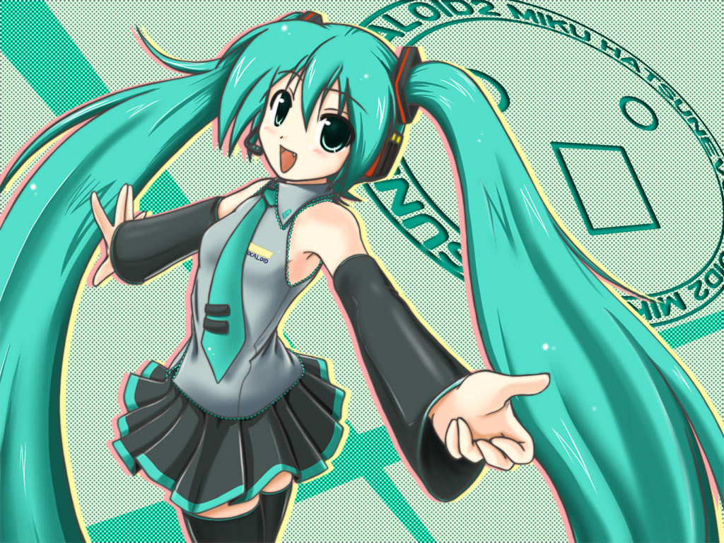 yuuki korona, hatsune miku, vocaloid, detached sleeves, fang, green eyes, green hair, long hair, microphone, necktie, skirt, solo, thighhighs, twintails