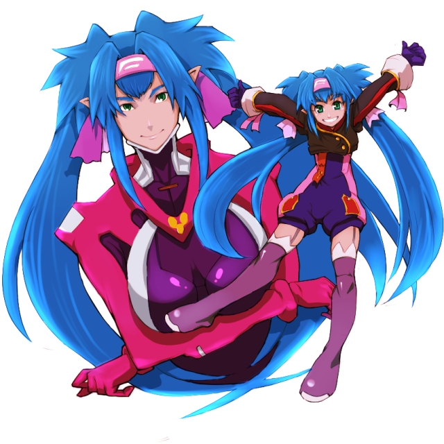 aguhari, klan klein, macross, macross frontier, purple footwear, bad id, bad pixiv id, 00s, 1girl, blue hair, bodysuit, boots, headband, long hair, pointy ears, purple bodysuit, smile, thighhighs, twintails